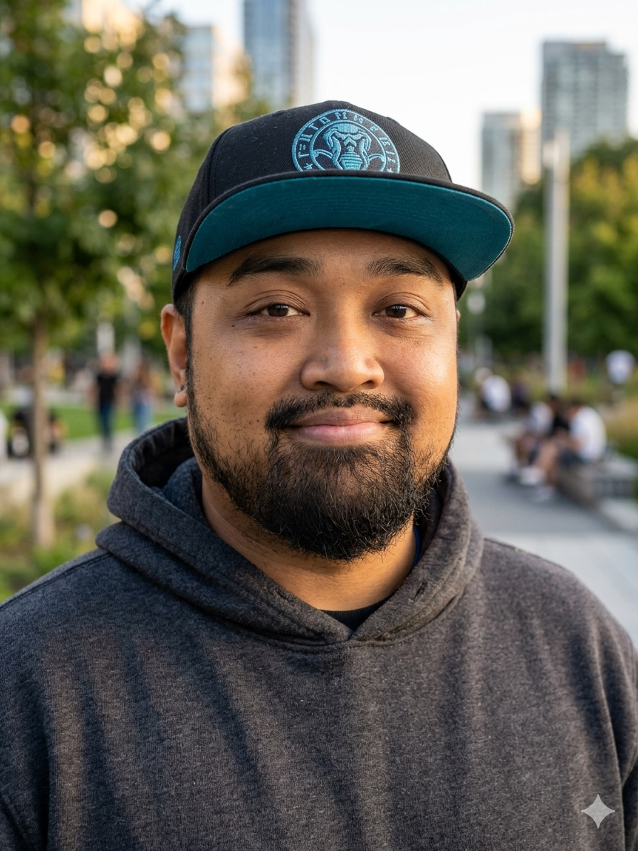 Andrew smiling outdoors in the city